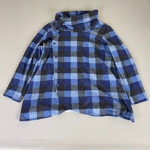 Pure Essence Fleece Sweater Top 1X Blue Gray Plaid Asymmetrical Button Neck